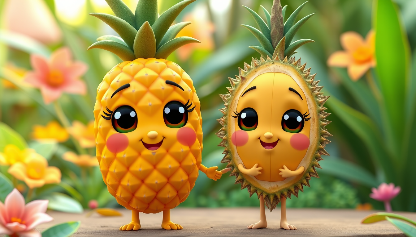 Main art studio: Cute 3D cartoon pineapple and durian as best friends, standing side by side, big expressive eyes, smiling faces, tiny arms and legs, colorful tropical