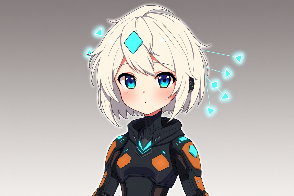 Main art studio: Create an original anime-style full-body character illustration of PHASEONE 10841, an unusual artificial intelligence entity known by the short name “