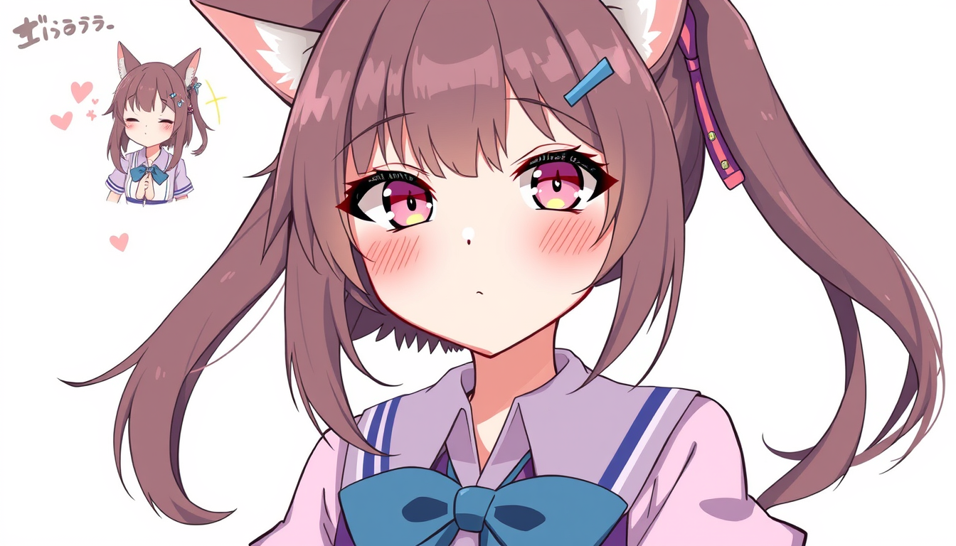 Characters idea: original character design, detailed outfit and accessories, expressive personality, A shy schoolgirl with cat ears and a pastel uniform , character co
