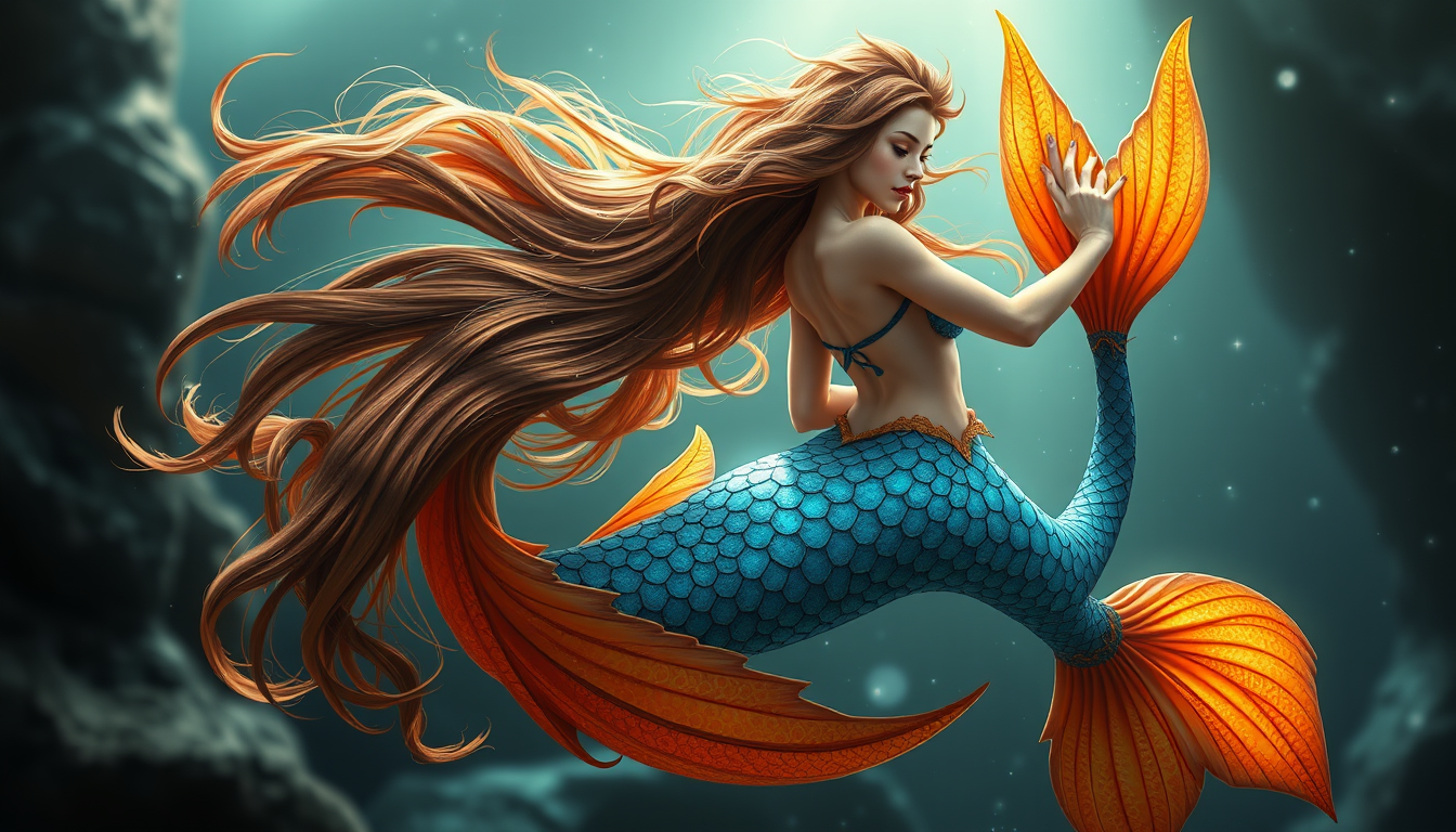 Main art studio: magical super realistic looking maermaid with brown hair and blue and orange tail