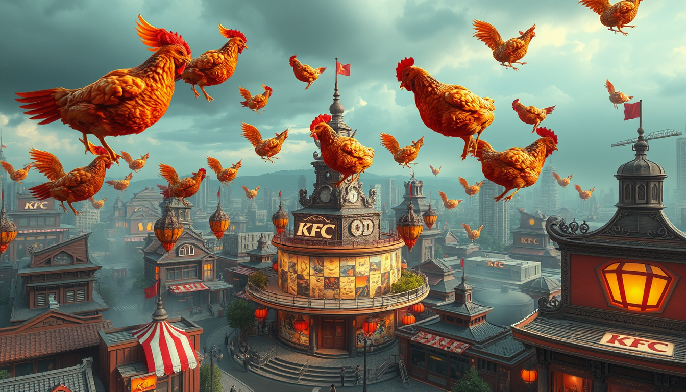 Main art studio: make an image of a fantasy city with flying rotisserie chickens based around the shop kfc make the image better but from an angle where the whole city