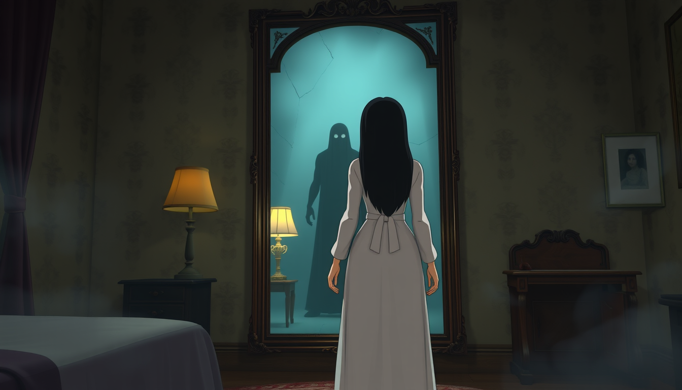 Main art studio: Create a high-quality 3D animated horror cartoon scene featuring the exact same Ayesha from all previous scenes: long black hair, a modest full-length