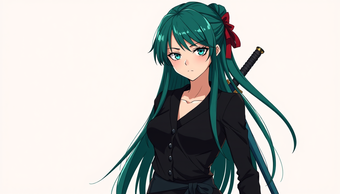 Anime idea: anime style, vibrant colors, expressive eyes, Create a stunning 17-year-old girl, daughter of Zoro and Robin from One Piece. She resembles Robin, with