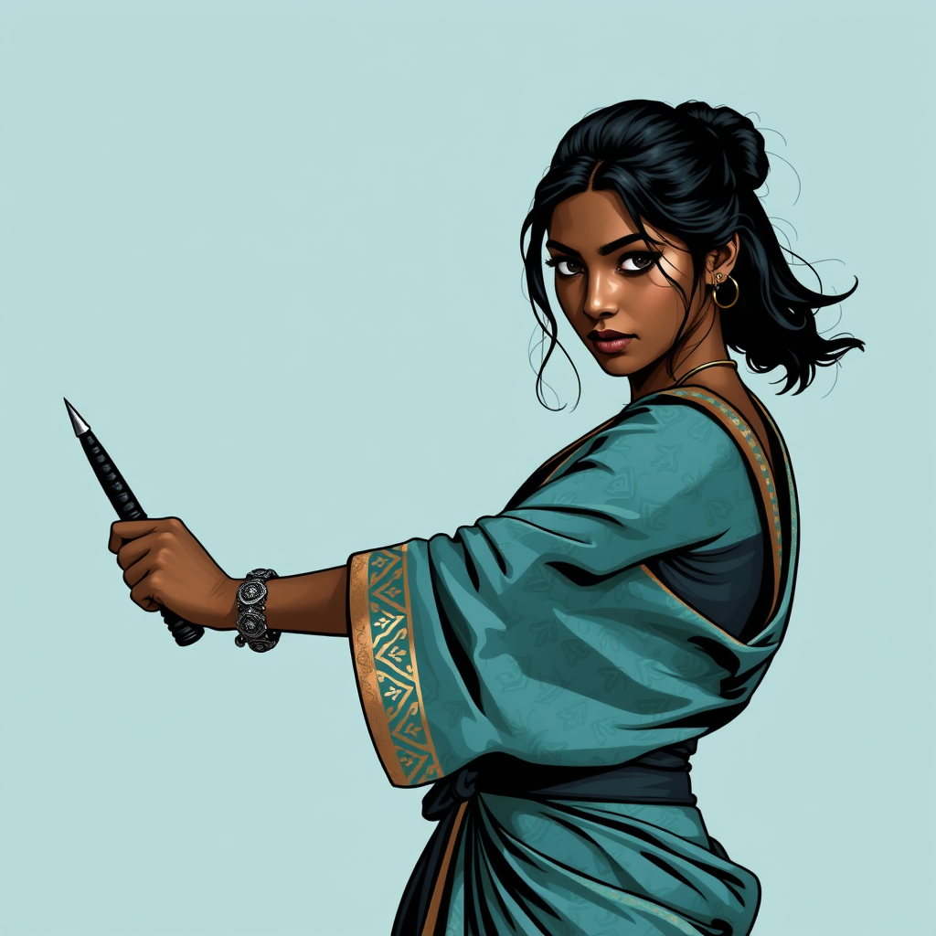 Main art studio: Outline of a young black indian woman in traditional blue green colored patterned sari, but practical to fight. Hair loosely tied back. One dagger in