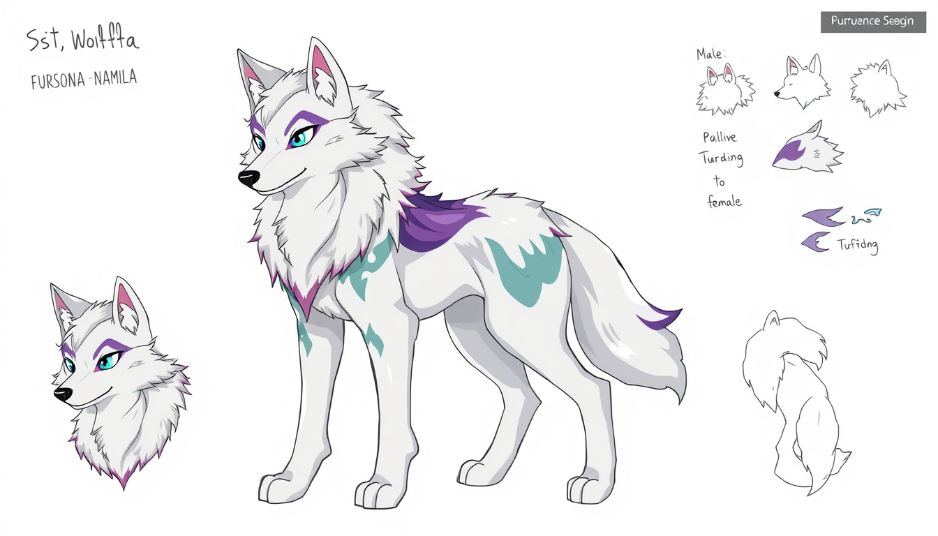 Fursona idea: fursona character, anthropomorphic animal design, expressive personality, reference sheet style, A silver wolf with purple, blue and green markings , 