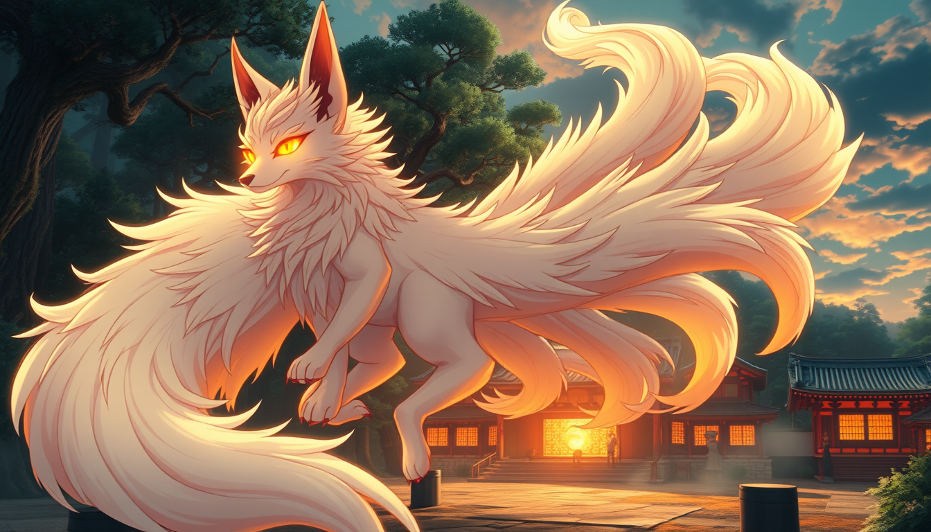Main art studio: Majestic benevolent nine-tailed Kitsune from Japanese folklore, white and orange fox fur, nine enormous flowing tails, glowing golden eyes, elegant hu