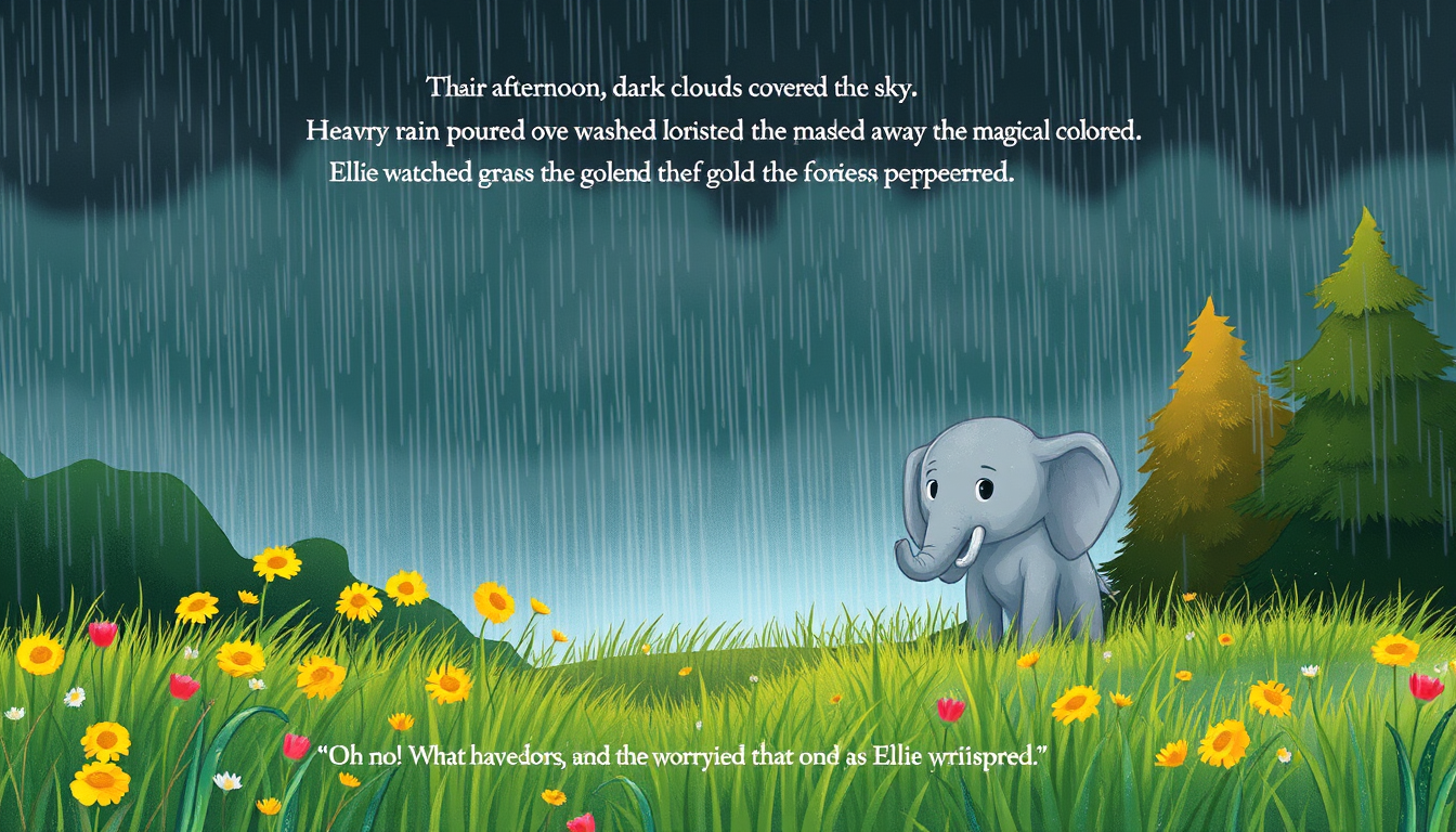 Main art studio: Page 6 — The Unexpected Storm That afternoon, dark clouds covered the sky. Heavy rain poured over the forest and washed away the magical colors. The p
