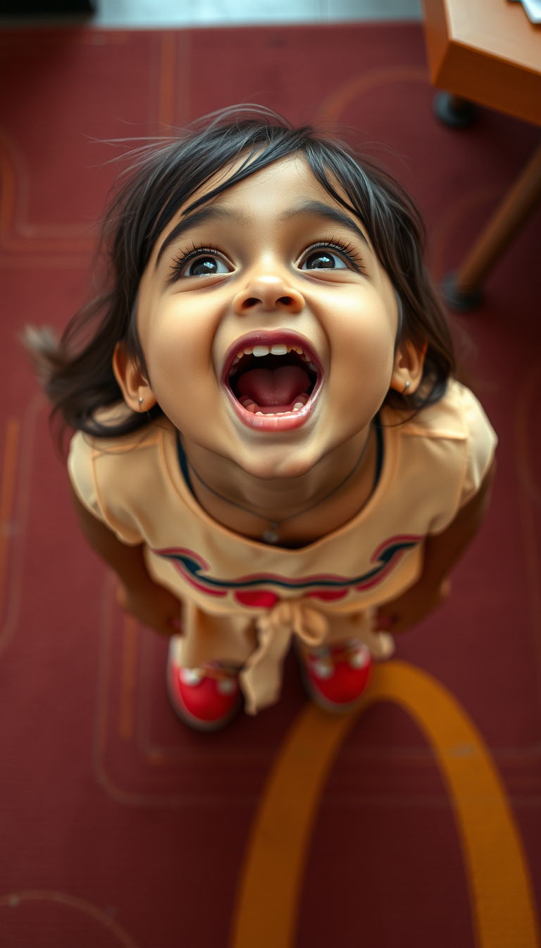 Main art studio: little indian girl standing on mcdonalds carpet with mouth open wide and head tilted back, angle from above girl