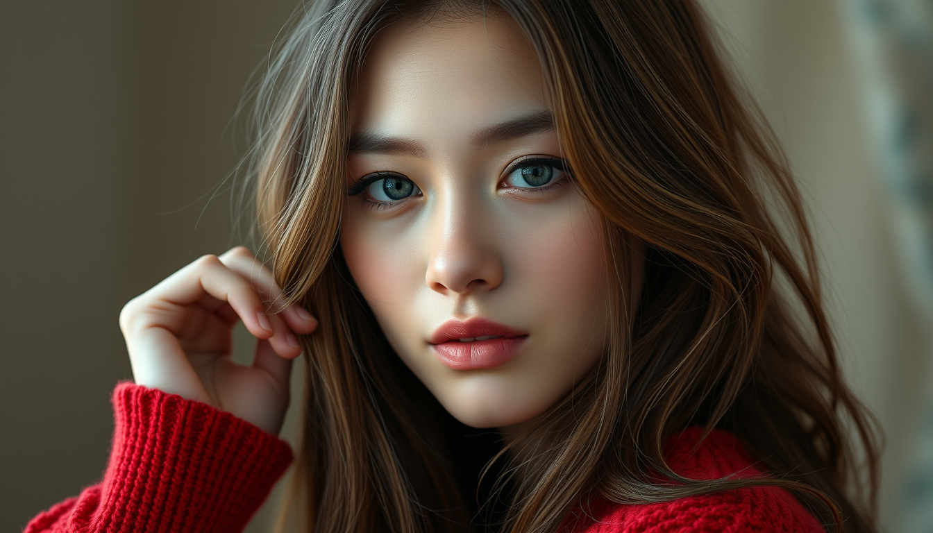Main art studio: Make her look as human and realistic as possible, like a real person photographed with a professional camera. Preserve her natural face, realistic ski