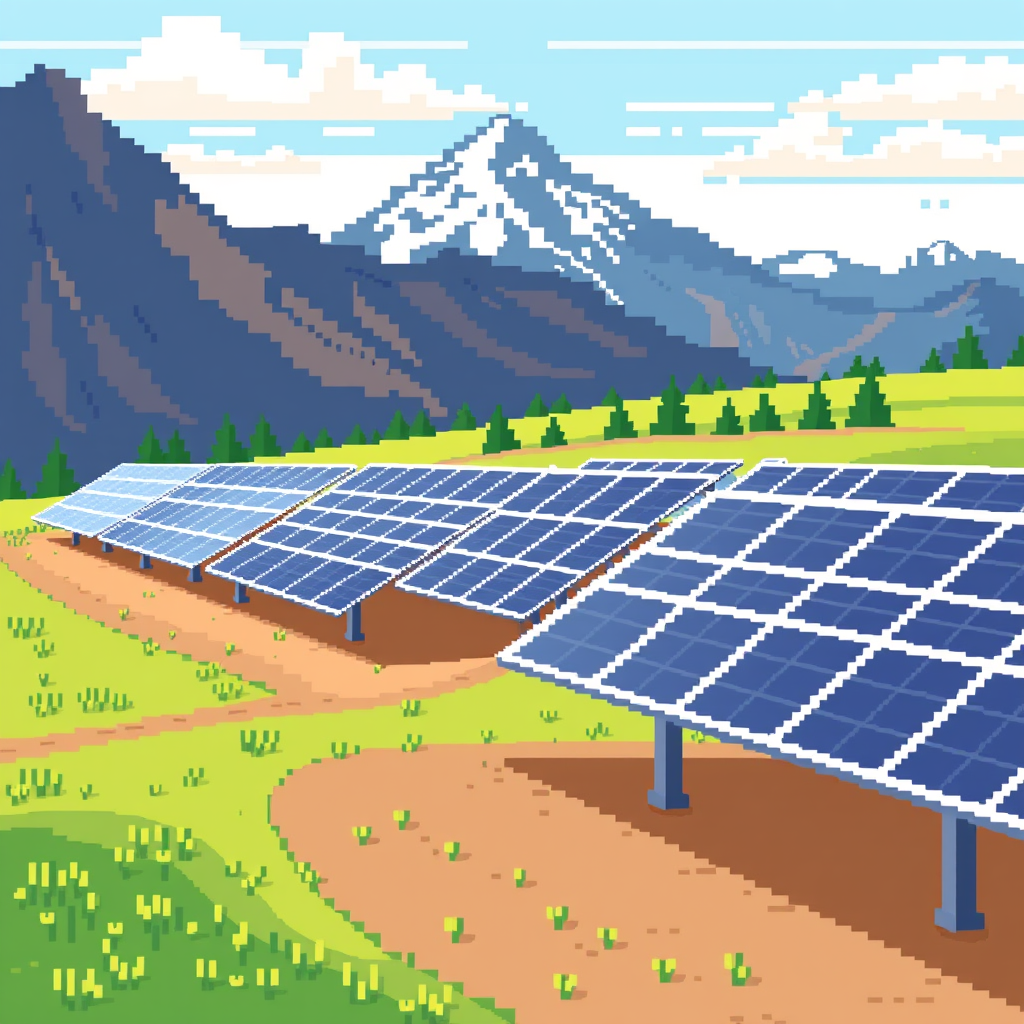 Main art studio: Solar panel farm with mountain background pixel art 256x256 pixels