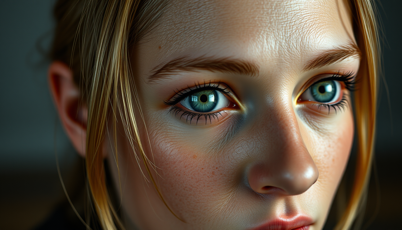 Realistic Images idea: photorealistic generated image, natural materials and skin texture, physically plausible lighting, Female version of Owen Wilson, with a lot of Downs 