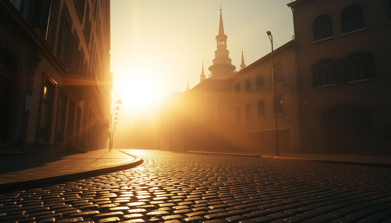Main art studio: Cobblestone streets glisten from the previous night's rain. Warm golden sunlight pierces through the lingering fog, casting long cinematic shadows acr