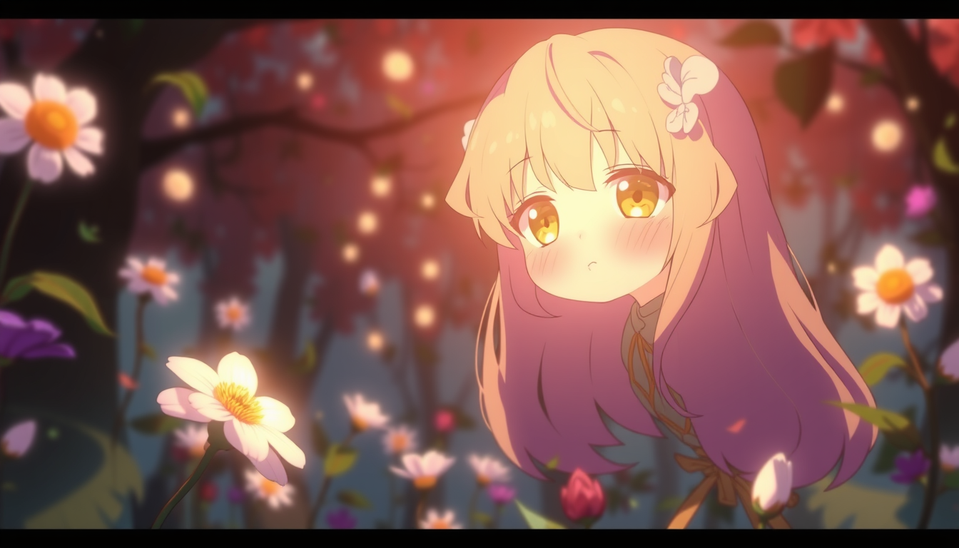 Main art studio: ein anime Mädchen das durch eine Blumenwiese rennt
