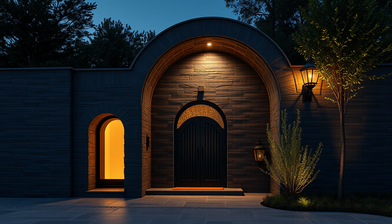 Main art studio: Luxury villa boundary wall, 30m wide and 9m high, full continuous frame from the beginning to the end, entrance starts at the edge with no gap. Neo-mo