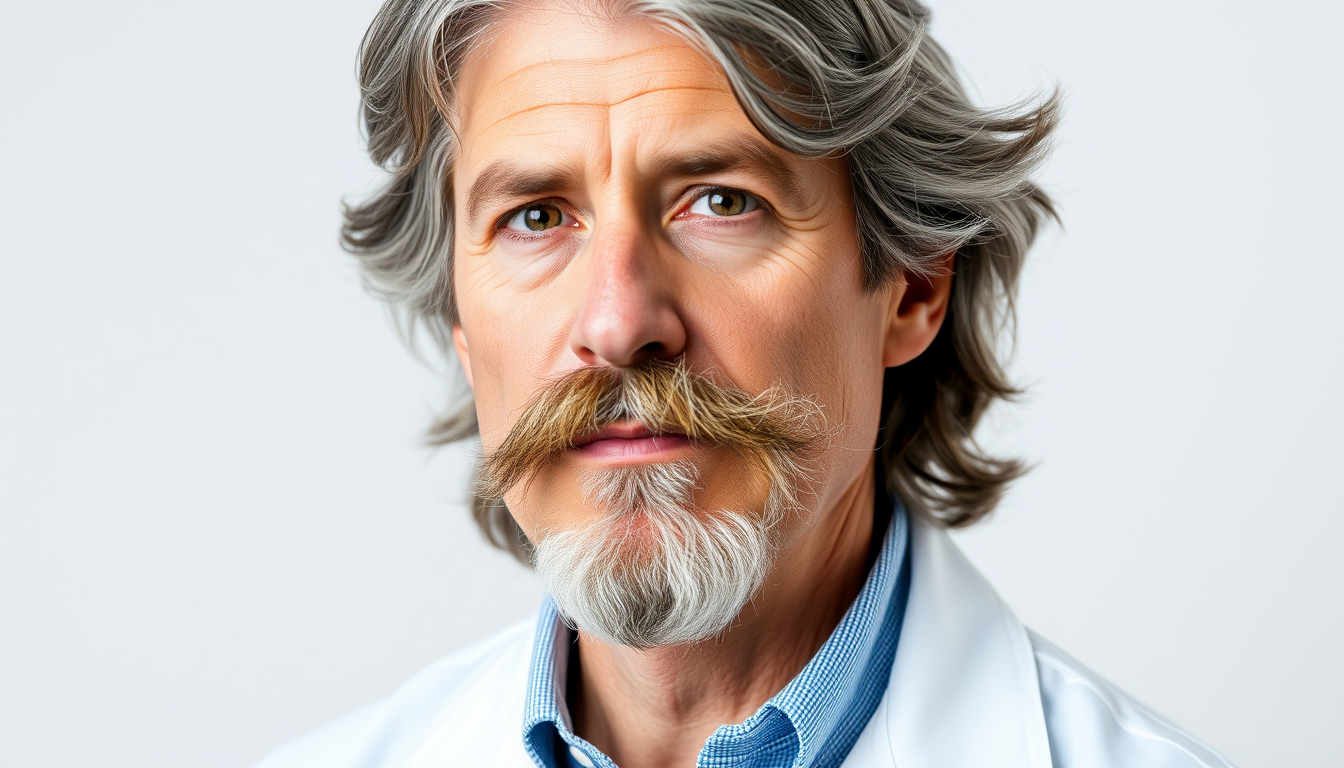 Main art studio: man with grey hair and a trimmed goatee and a lab coat