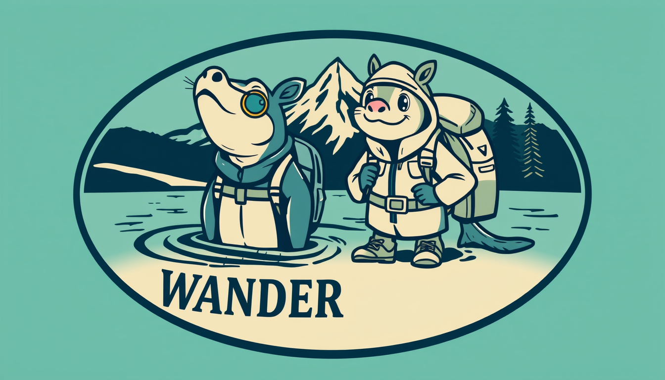 Main art studio: Ovales, hochwertiges Wanderlogo mit zwei sympathischen anthropomorphen Haien (wie im Meer) . Weiblicher Hai mit deutlich sichtbarer runder Brille, Wan