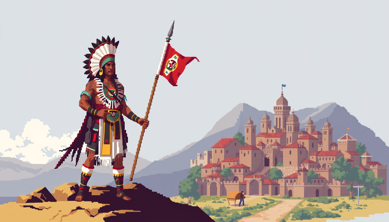Pixel Art idea: pixel art, 32x32 sprite scale, limited palette, retro 16-bit game art, En 1781, Túpac Katari encabezó un levantamiento indígena y sitió la ciudad de L