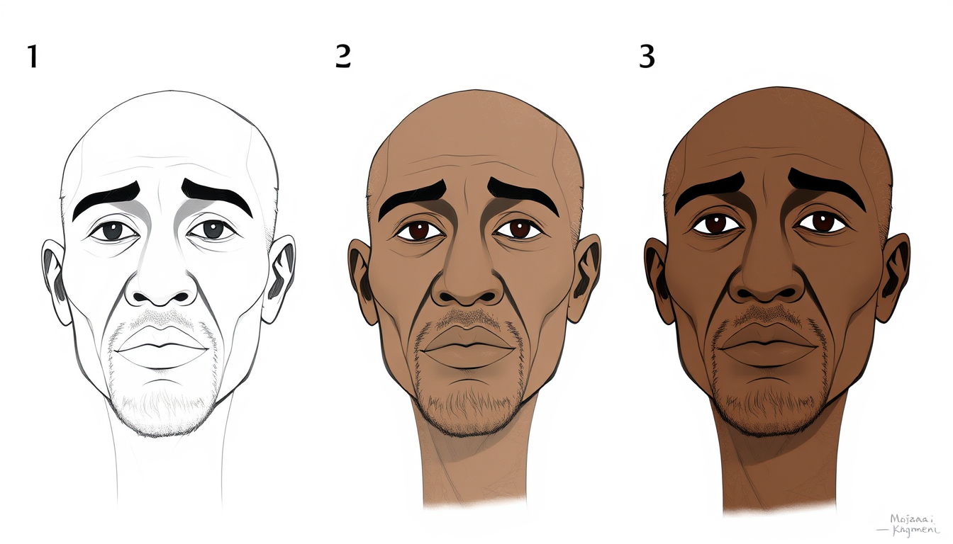 AI Art prompt example created from the prompt: A step-by-step illustration of this black person's face in the form of a drawing. Mojtaba Khameni