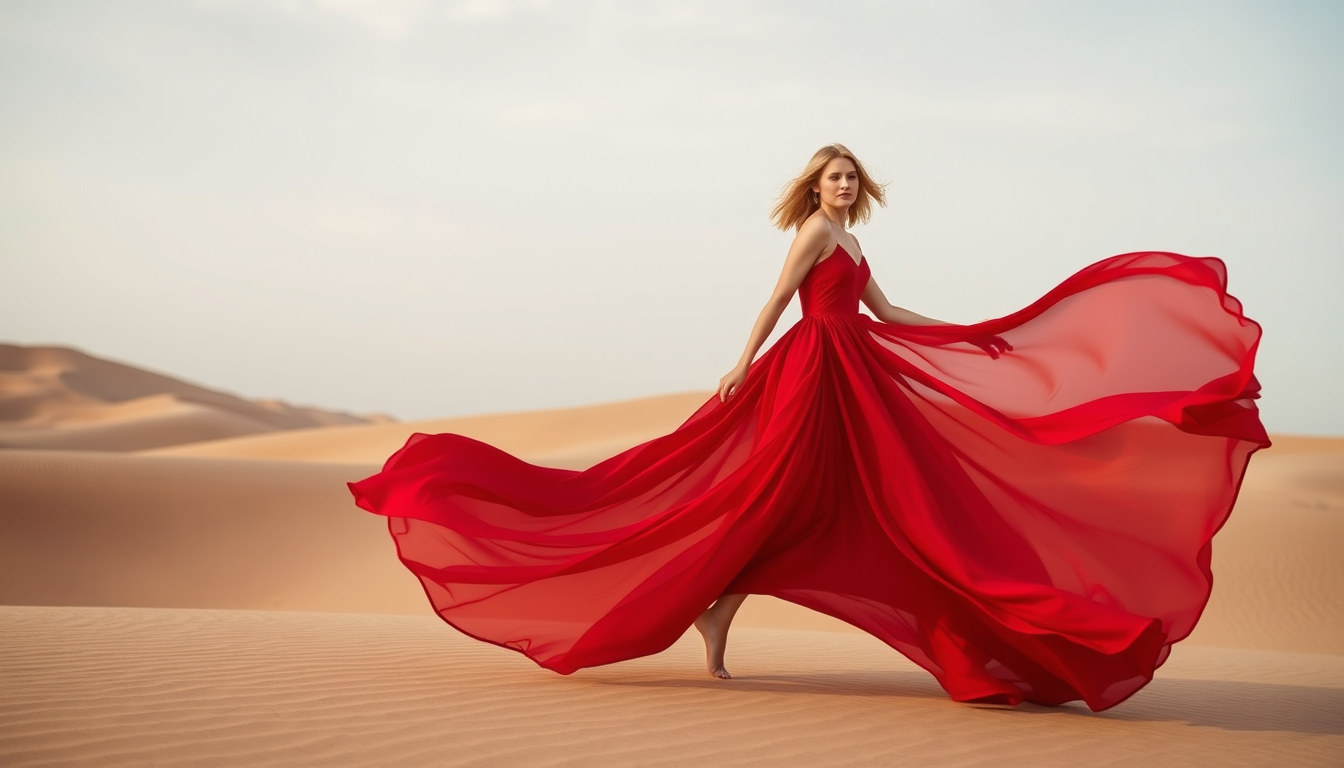 Main art studio: fashion editorial, flowing red dress in a desert, dramatic wind, soft light