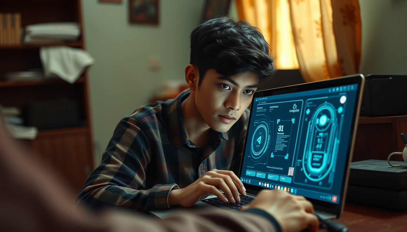 AI Art prompt example created from the prompt: Realistic cinematic documentary photograph representing the growing presence of artificial intelligence in everyday life, a Bangladeshi youn