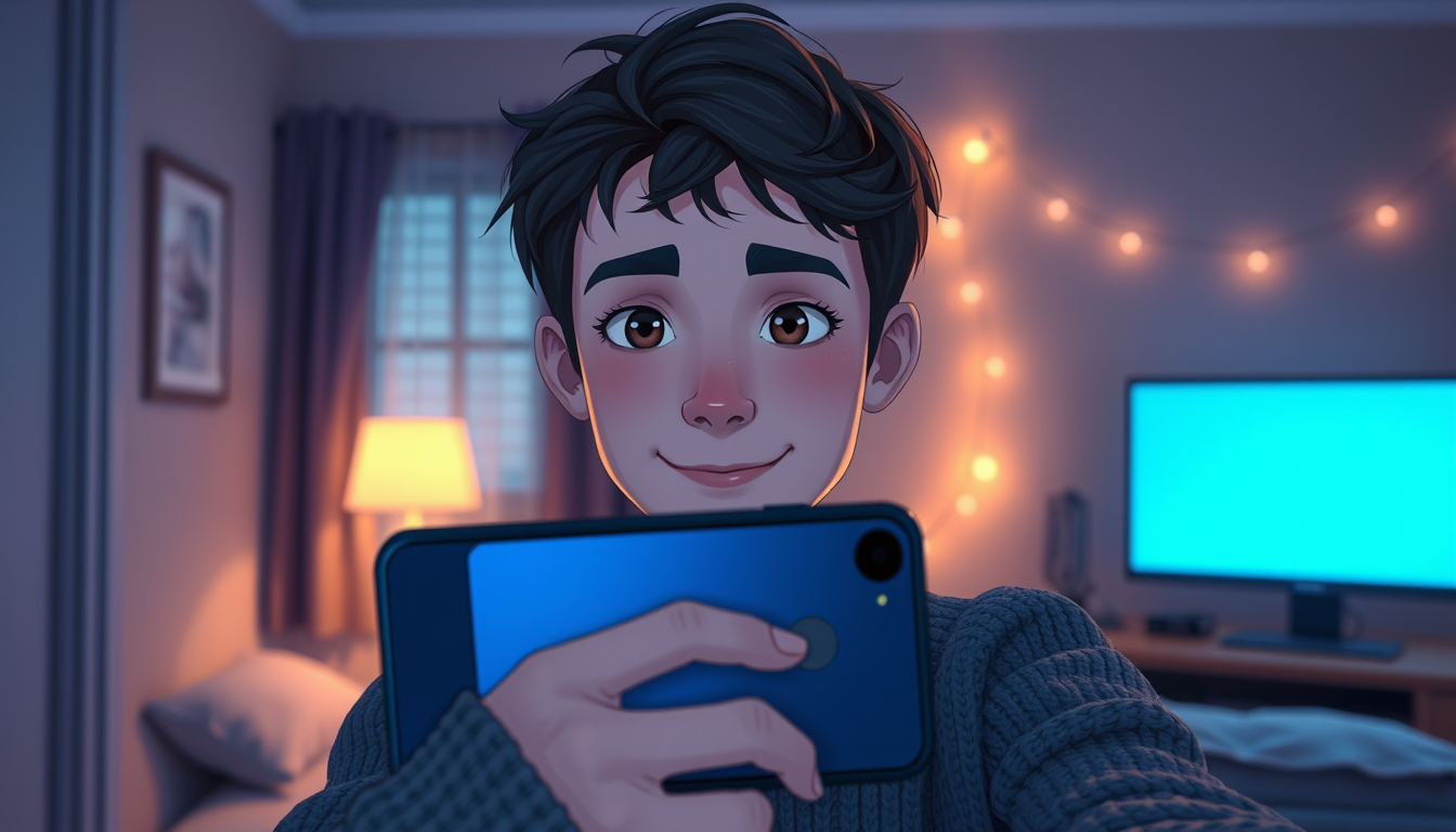Main art studio: An original friendly AI companion named Chappie taking a front-camera selfie in a cozy quiet room at night. Young and androgynous, short softly tousle