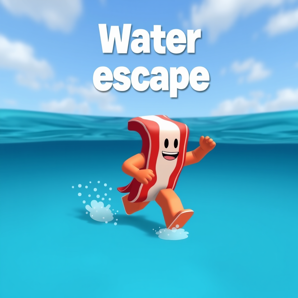 Main art studio: It's a icon for a Roblox game it has to be water themed with a text in the top that says water escape with a bacon avatar running away from a big wawe