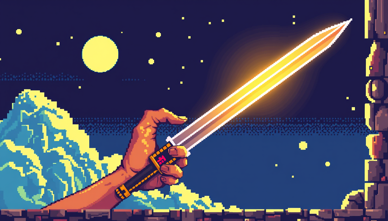 AI Pixel Art idea created from the prompt: pixel art, 32x32 sprite scale, limited palette, retro 16-bit game art, una mano sosteneindo una espada de luz brillante , crisp pixel perfec