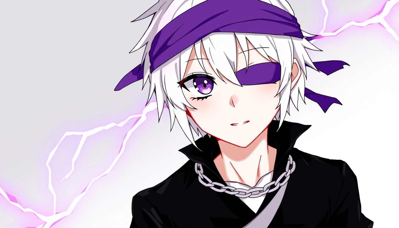 Main art studio: white hair + pale skin + black shirt + white chain + purple Eye of Ender + purple blindfold/headband + white pants + dark belt + purple electricity A