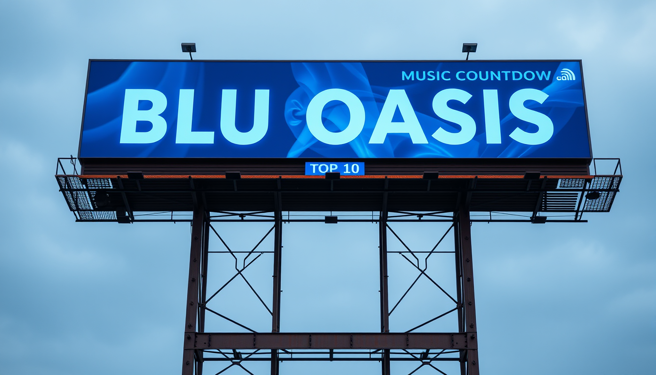 Main art studio: Create a realistic, high-end BLU OASIS MUSIC COUNTDOWN billboard, styled like the billboard 100 but my count down is top 10 and I need the color theme