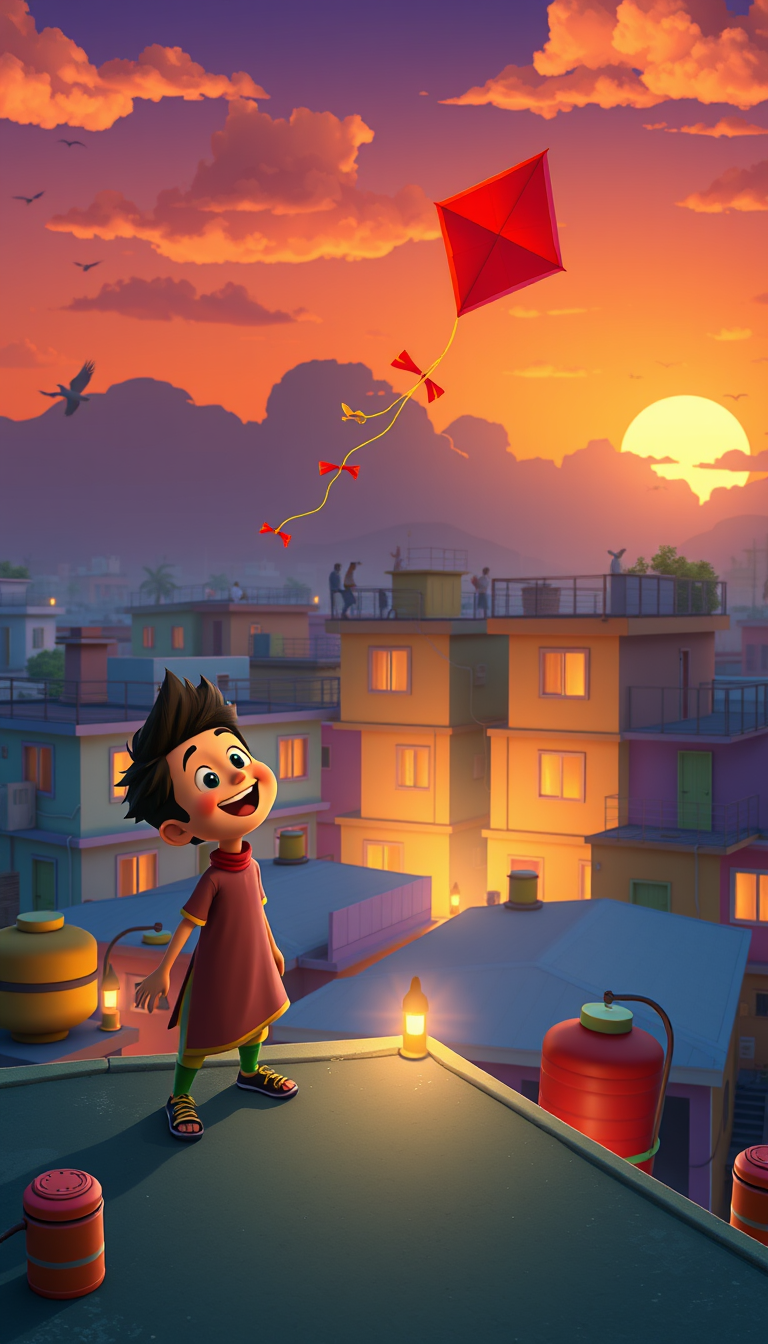Main art studio: Ali and Bunty stand on the rooftop laughing while the magical red-and-green kite flies high in the sunset sky. Ali's family watches from the rooftop,