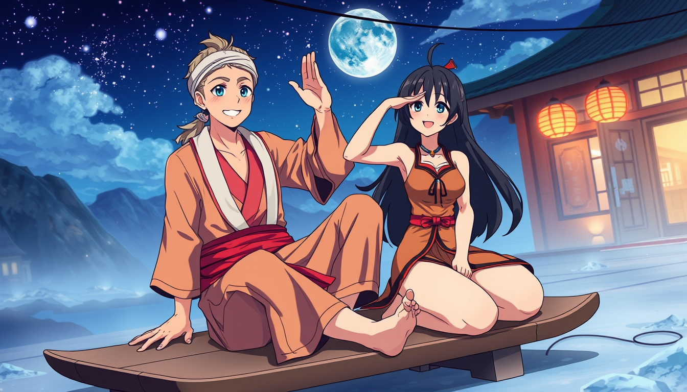 Anime idea: anime style, vibrant colors, expressive eyes, un fakir souriant allongé torse nu sur le dos sur une planche à clous avec son assistante de type suédoi