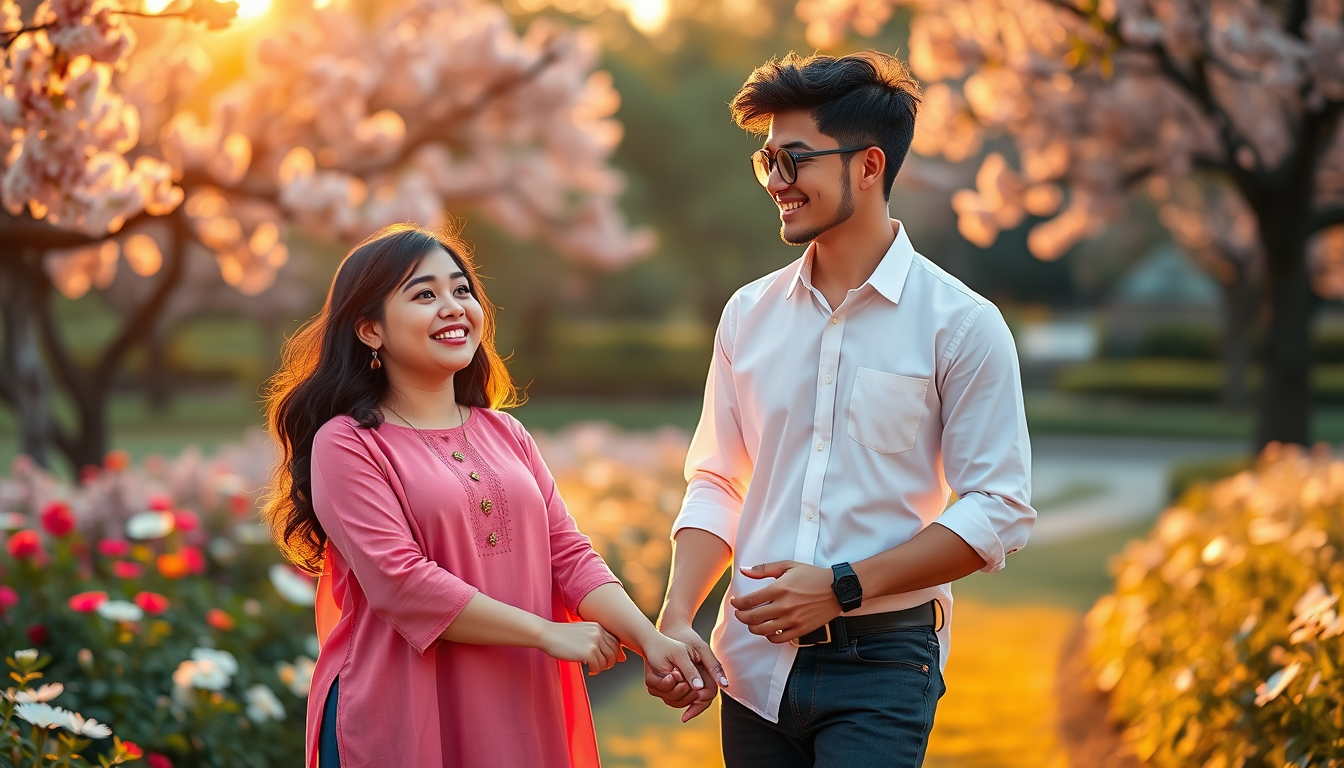 Main art studio: romantic portrait of a happy young couple in a beautiful park at golden hour. The woman is chubby with fair skin, wearing a pink 3/4th full hand kurth