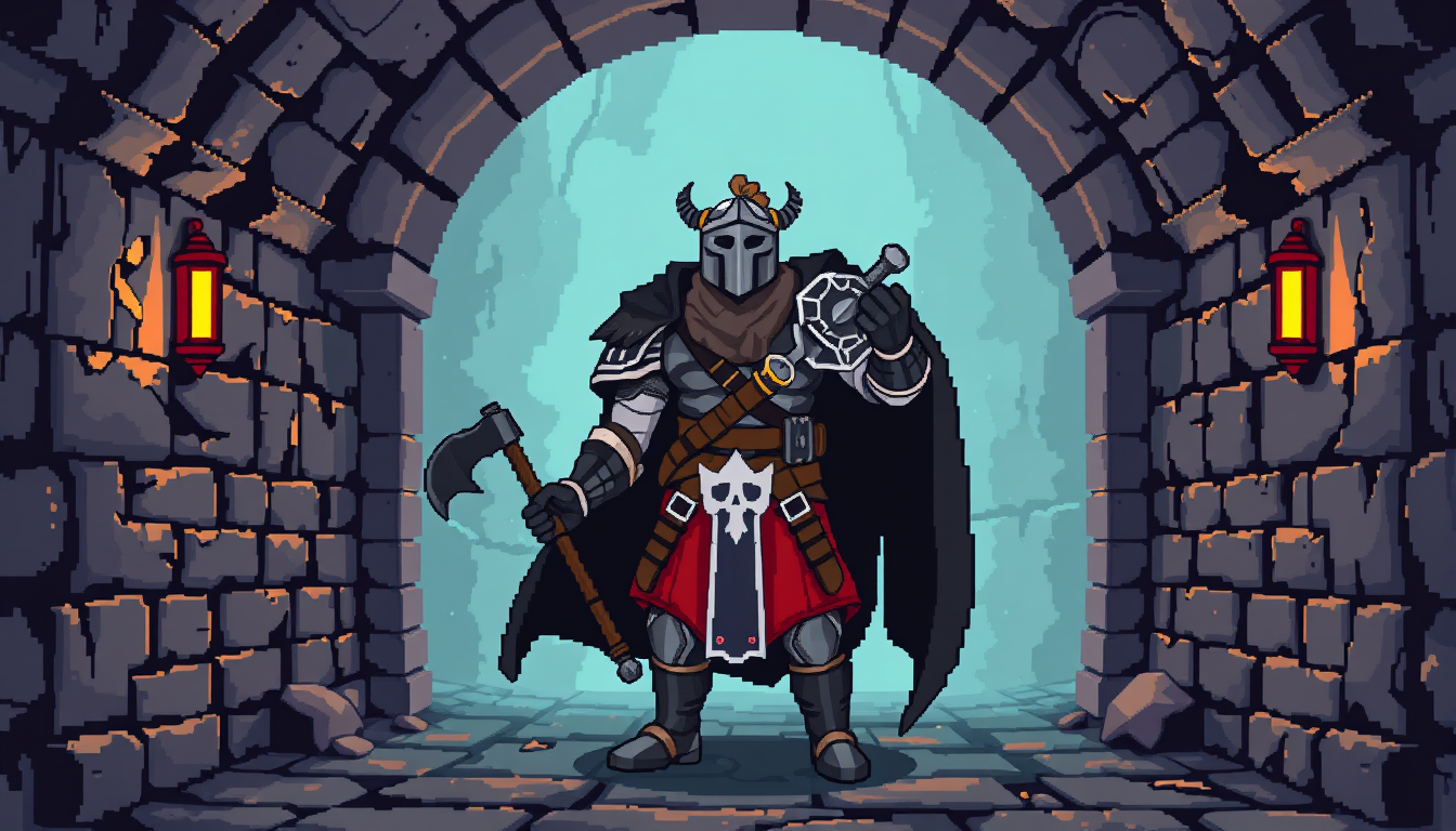 Pixel Art idea: pixel art, 32-bit retro style, limited color palette, clear readable design, Ein Ritter in voller Rüstung, der in einem Verlieskorridor mit Fackeln st
