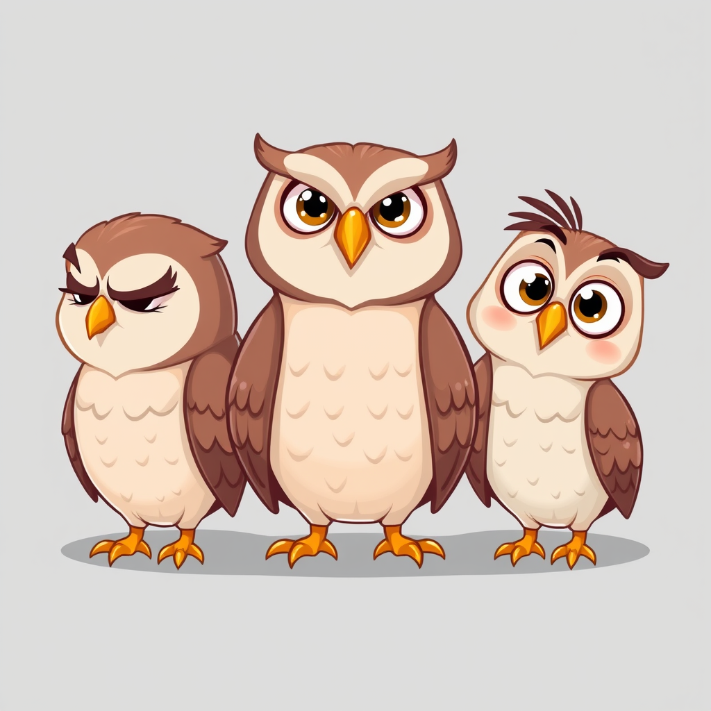 Main art studio: Exactly three cute cartoon owls, one head each, all the same color and identical beak shape and size. All eyes clearly visible. Left: half-lidded eyes