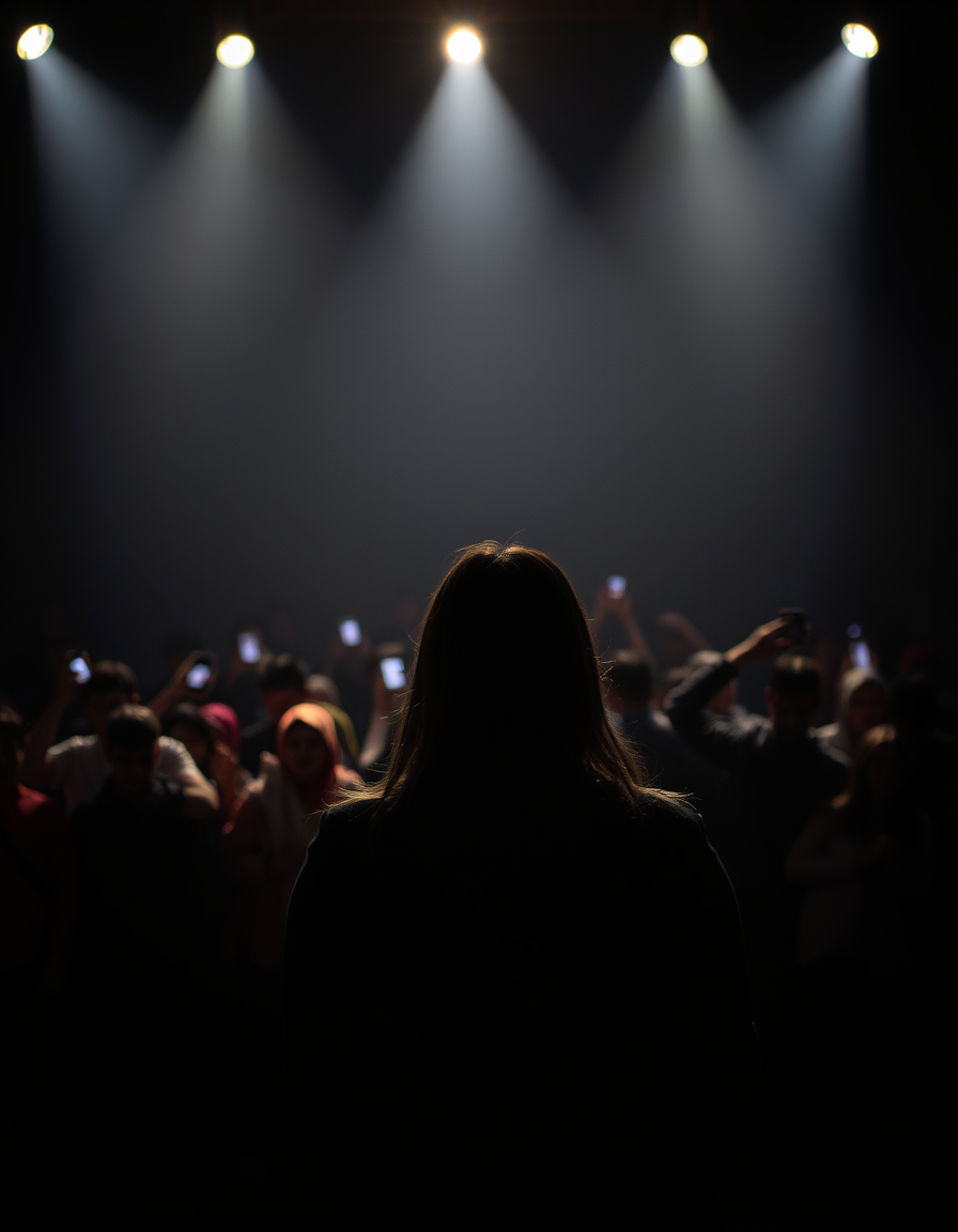 Main art studio: Une personne seule sur scène vue de dos avec une foule en arrière plan un peu sombre avec des lumières de téléphones comme dans les stades