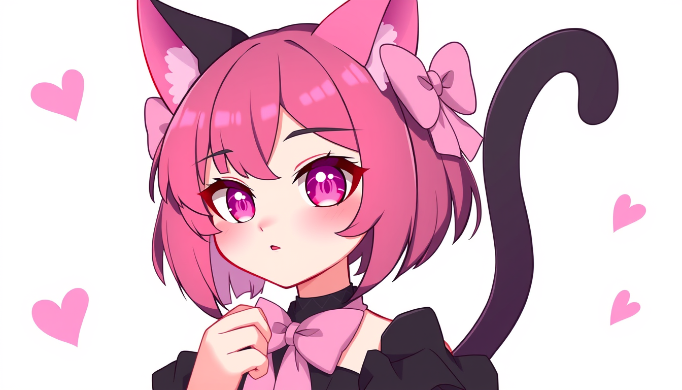VTuber idea: vtuber avatar character, anime style, expressive face, streaming-ready design, pink-haired cat girl glowing eyes a black dress 2 pink bows and look li