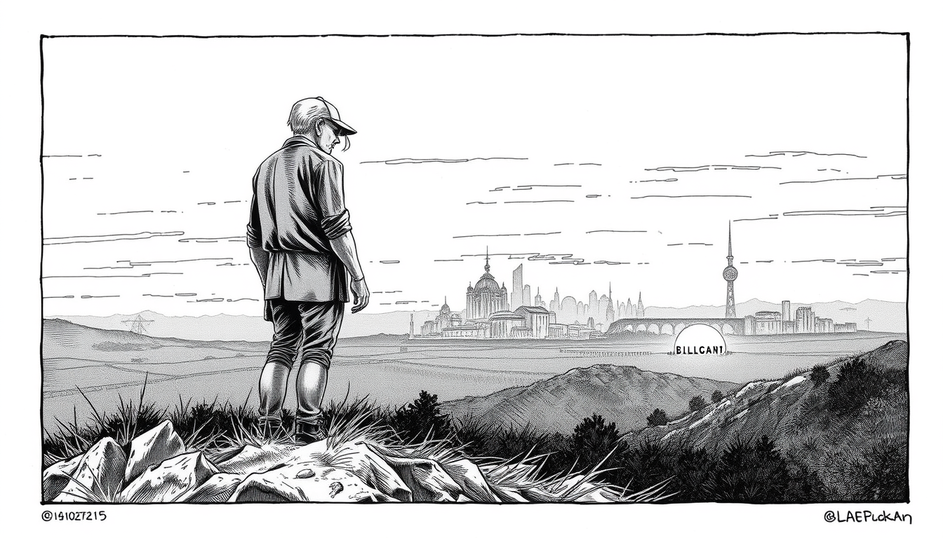 Manga idea created from the prompt: manga panel, black-and-white ink, screentone shading, expressive line weight, blame dystopia, one elderly man and tall humanoid android on a
