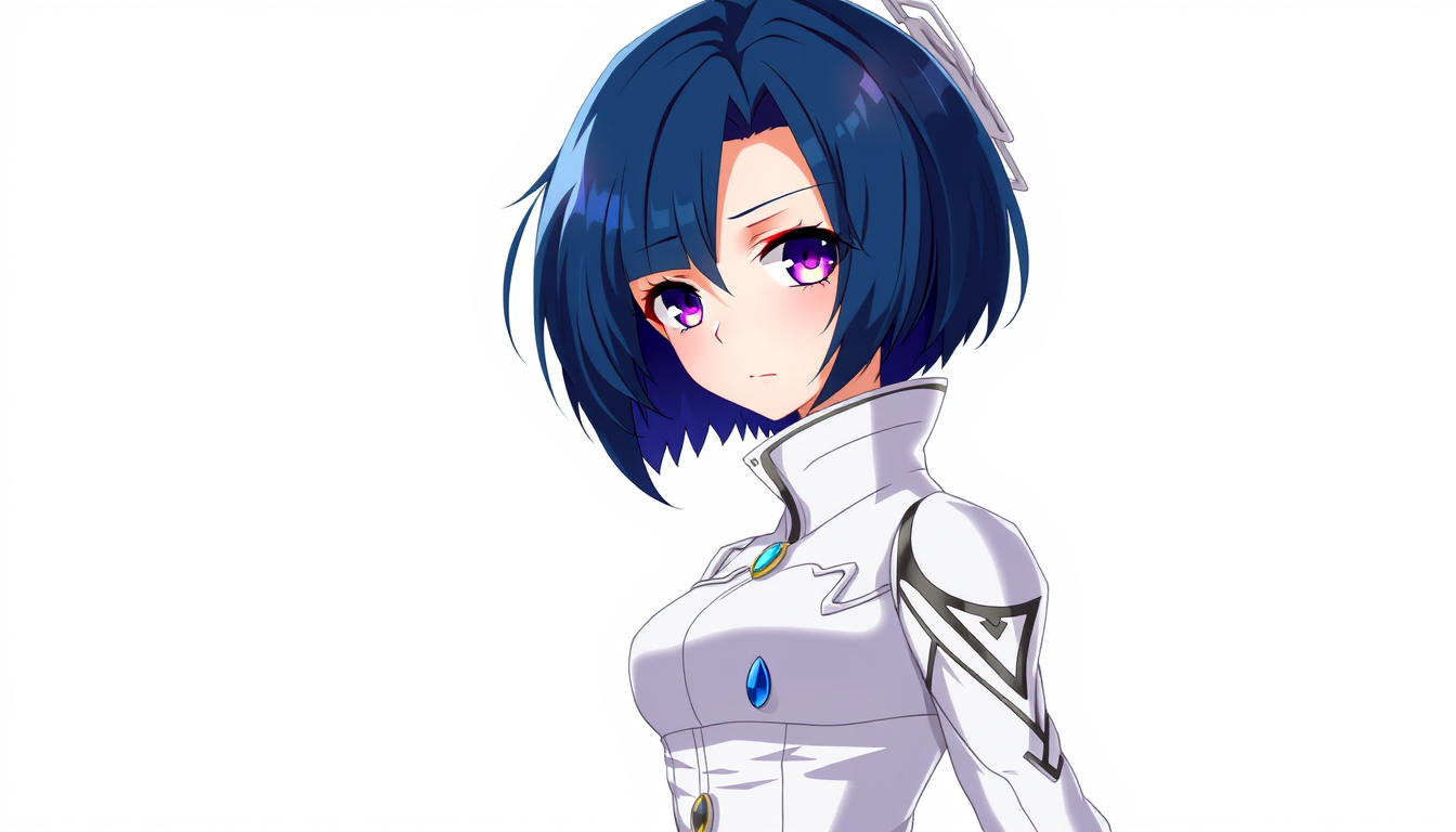 Anime idea: anime style, vibrant colors, expressive eyes, Original anime girl character, Mira Solen, short midnight-blue hair, violet eyes, elegant white futurist