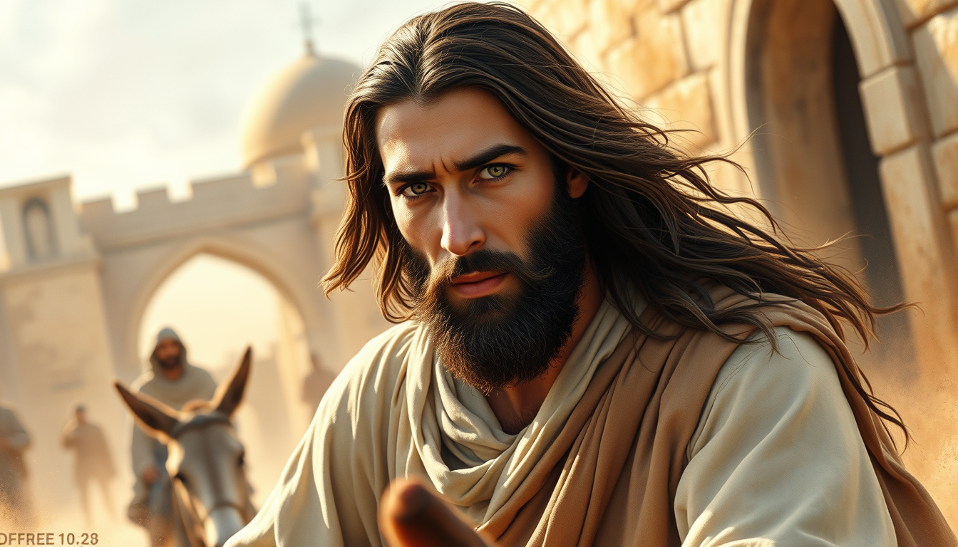 Main art studio: Ultra detailed ultra realistic watercolor of Jesus riding a humble donkey through the gates of Jerusalem, a slender man with piercing pale blue eyes, 