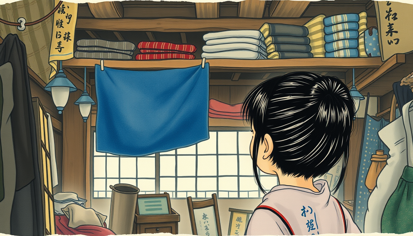 Main art studio: Little Japanese girl with her hair tied up, inside the old ramshackle shop looking up at the blue fabric way up high on a dusty shelf, barely visible 