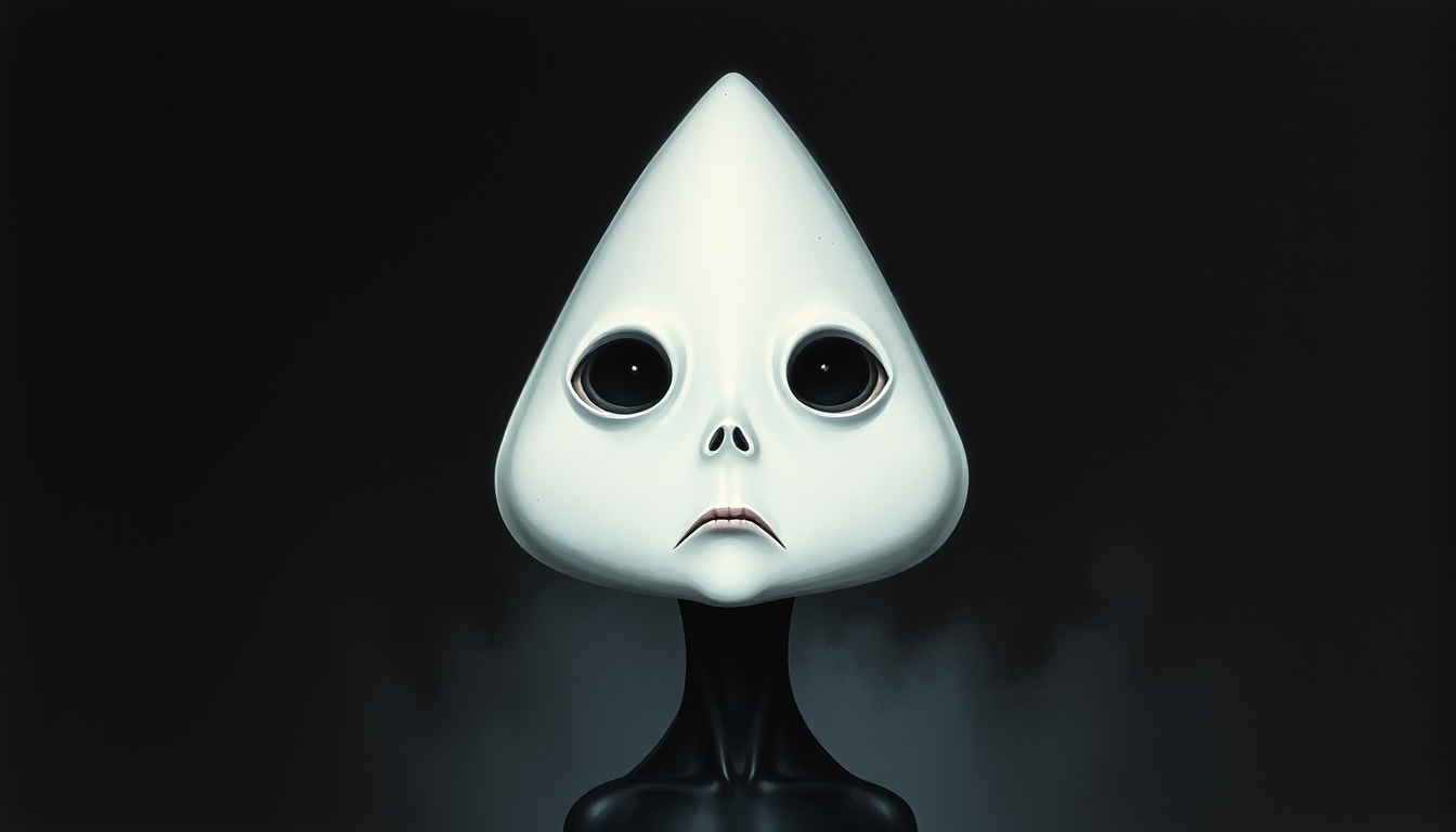 Main art studio: Soap, criatura de Doctor Nowhere, humanoide alto y delgado de cuerpo completamente negro, cabeza blanca con forma triangular, apariencia extraña pero