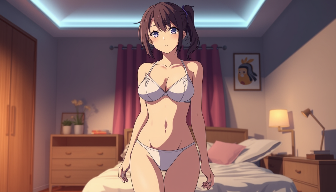 Anime Characters idea: an anime character with a legible silhouette, controlled costume language, and expressive face, deliberate composition, 23 year old girl in bedroom we
