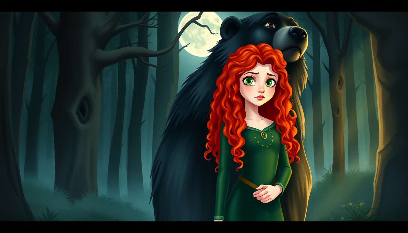 Main art studio: .Merida, a teenage princess with long curly red hair, green eyes, and a dark green dress, stands in a dark forest beside her mother Queen Elinor, a la
