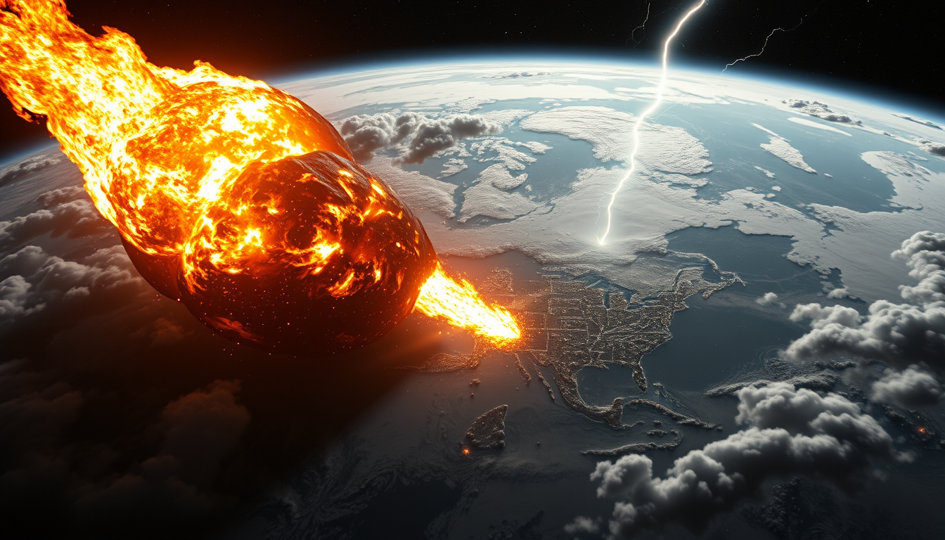 Main art studio: Cinematic view from low Earth orbit, 400 km above Earth. Asteroid Apophis 99942 crashes into the North Atlantic between Britain and North America. A c