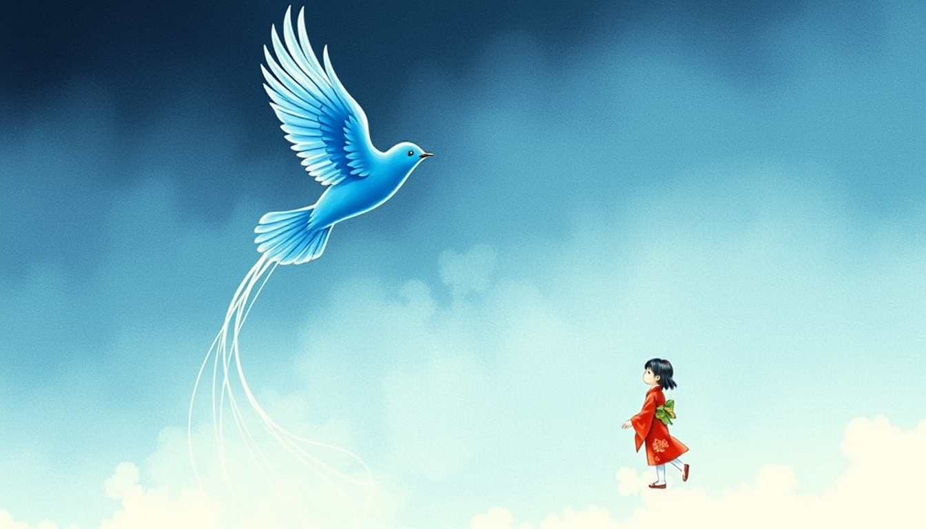 Main art studio: Magical transformation of the kite into a bright blue bird with feathers, mid-air, with dynamic brushstrokes and watercolor blending. The little Japan