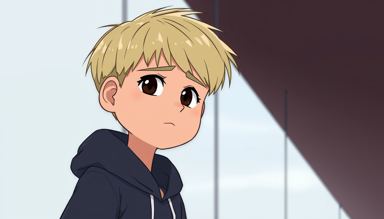 Main art studio: 18-year-old boy, blond short mod haircut, straight hair, slightly serious ordinary face, dark brown eyes, tired neutral expression, slim build, dark h
