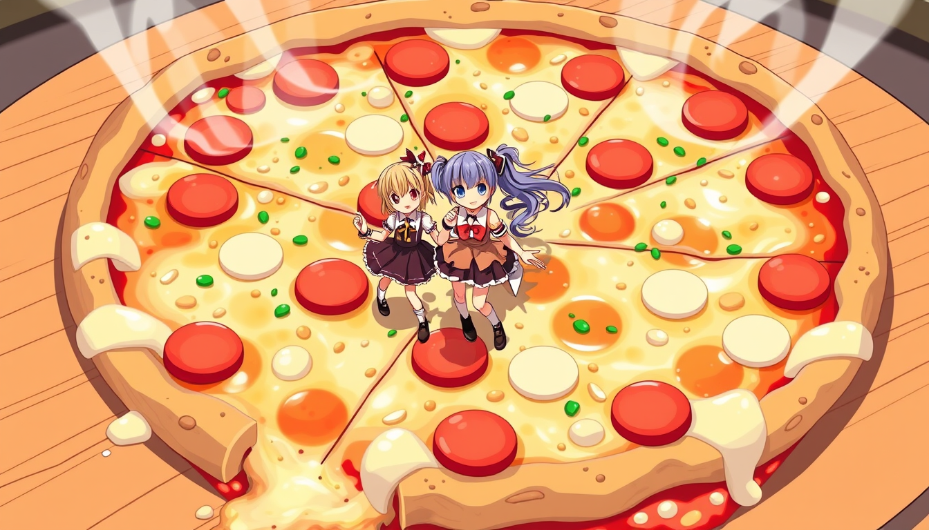 Main art studio: a very large pizza with very much cheese and three girls on the pizza in an animation art style