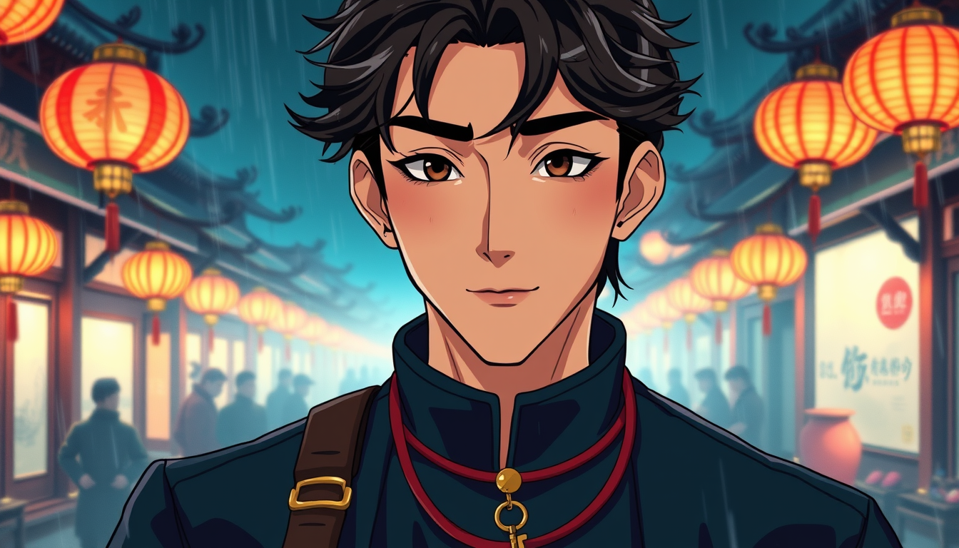 Anime idea: anime style, vibrant colors, expressive eyes, Lin Wei, adult man, 22, slim youthful build, angular 40-year-old face, defined cheekbones, strong brows,