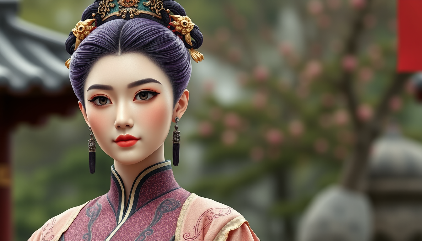 Main art studio: Create a woman emperor of china has short purple hair thats very well maintained and combed and no flaws in hair she is a great mommy charachter but h