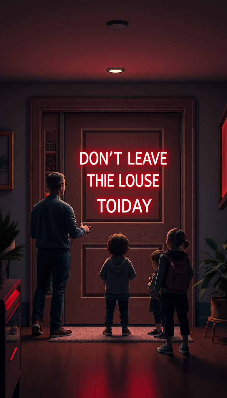 Main art studio: Don’t Leave”Prompt:The father standing near the front door trying to open it while a smart digital lock shows red, the family watching nervously, larg